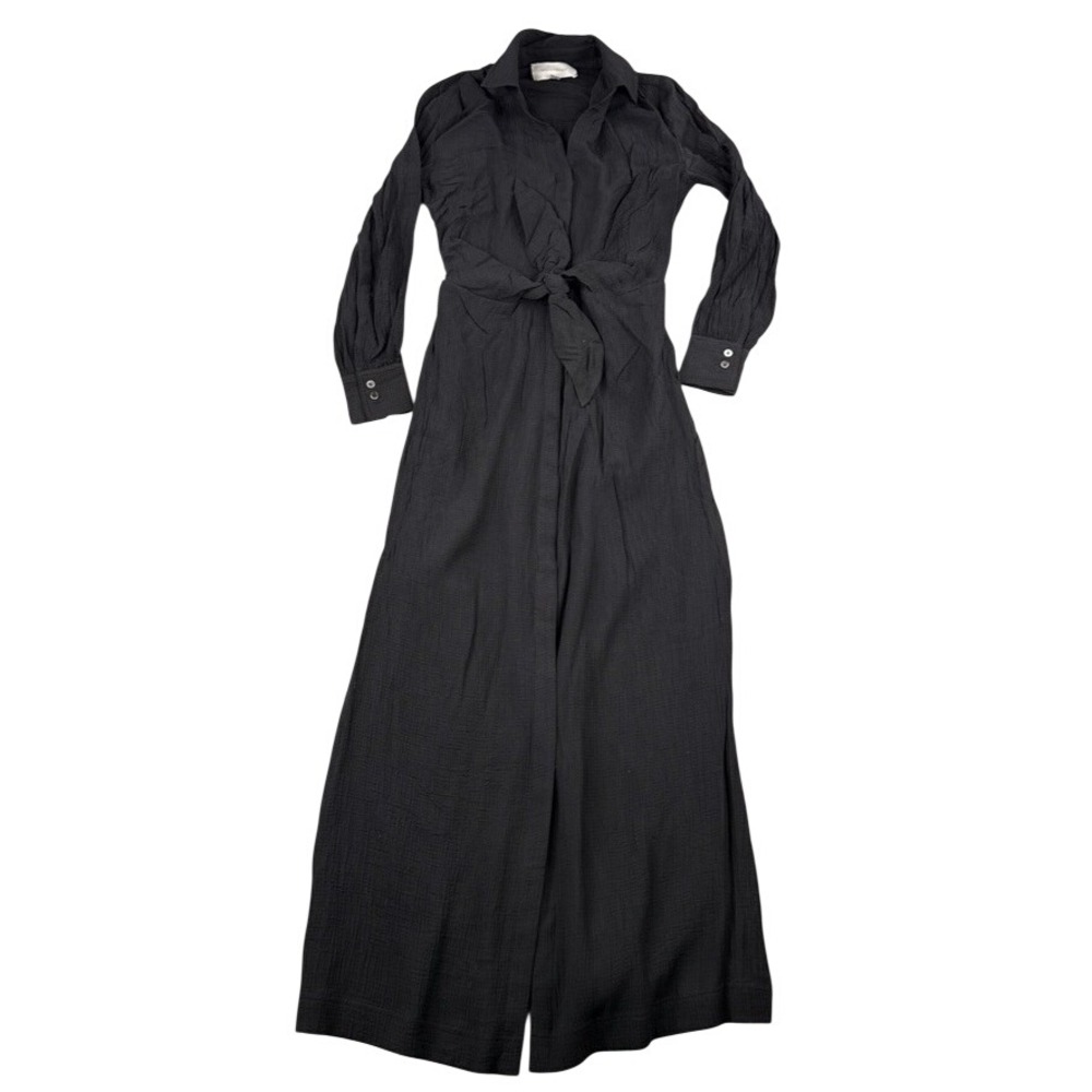 Brochu Walker Maxi Dress Black XS Madsen Tie Front Long Sleeve Crinkle Fabric